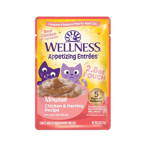 Image of Wellness Appetizing Mousse Flaked Adult Wet Cat Food, Natural, Protein Rich, Grain Free, Chicken and Herring Recipe, 2.8 oz, Pack of 8 Pouches