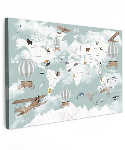MuchoWow© Impressions sur Toile 90x60 cm Deco Tableau Murale Decoration Salon Peinture Tableaux Chambre Toiles Maison Carte du Monde - Enfant - Avion