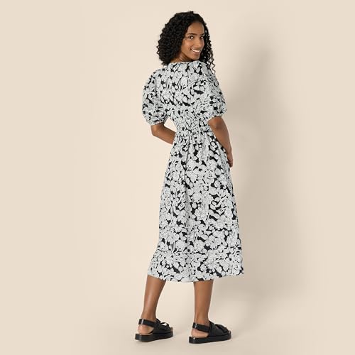 Image of Amazon Essentials Women's Regular-Fit Cotton Sateen Puff Sleeve Midi Dress, V-Neck