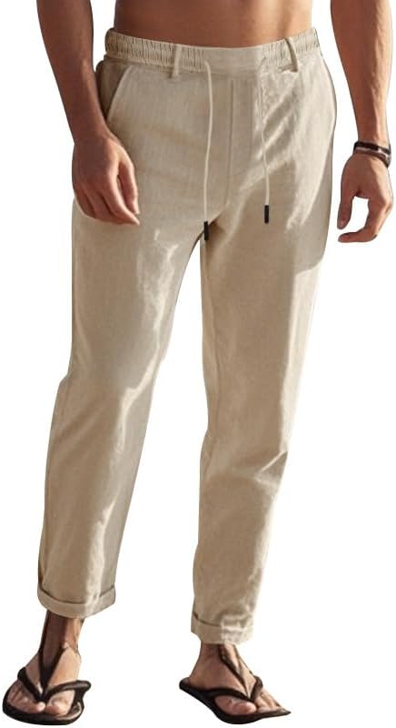 Casual Pants for Men Cotton Elastic Waist Casual Drawstring Loose Fit Yoga Straight Trousers with Pockets