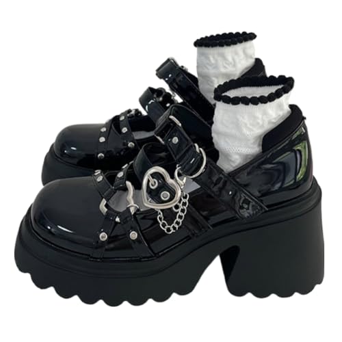 Grunge Mary Jane Platform Black Heels Cute Punk Emo Y2K JK Lolita Shoes with Metal Buckles Rivets Heart Chains Charms for Teen Girls Chunky Kawaii Sandals for Daughter Streetwear Back to School