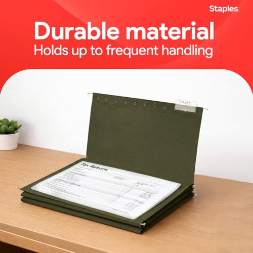 Image of Staples Hanging File Folders, Legal Size, 1 /5-Cut Tabs, Green, 50 /Pack | Reinforced top for durability; organizes documents in standard-size drawers.