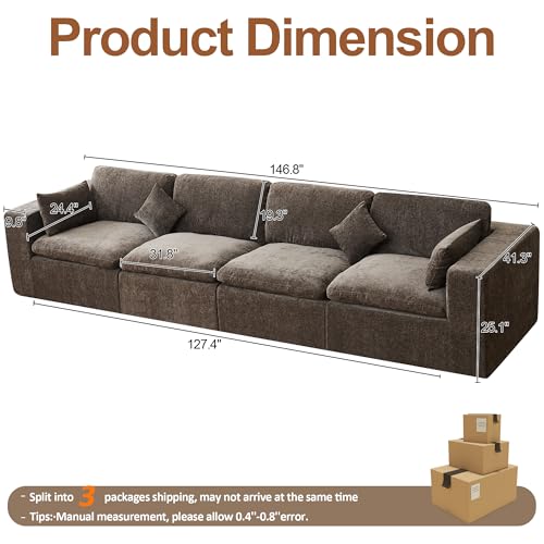 Image of 146''Cloud Boneless Sectional Couch, Modular Sectional Sofa Deep Seat, Oversized Upholstered Convertible Comfy 4 Seater Chenille Memory Foam Sofa Couches for Living Room, Brown