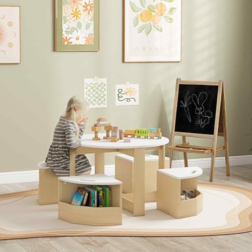 Qaba-Kids-Table-and-Chairs-Set-5-Piece-Toddler-Table-and-Chairs-Set-with-Storage-for-Art-Craft-Drawing-Playroom-Classroom-Nursery-White Qaba Kids Table and Chairs Set 5 Piece Toddler Table and Chairs Set with Storage for Art Craft Drawing Playroom Classroom Nursery White
