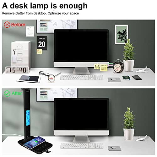 Desk Light with Wireless Charger, USB Charging Port, Dimmable Office Desk Lamp with Clock, Alarm, Date, Temperature, Foldable Lamp for Table Bedroom Bedside Office