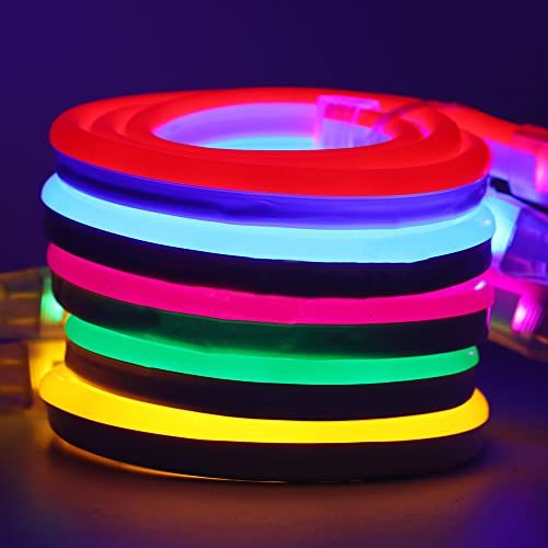 Wisada RGB Neon LED Streifen, 100M 220V 5050 Silikon Flexibler Neonstreifen, Multi-Farbwechsel Neon LED Lichtband mit 24 Tasten Fernbedienung und 750W RGB Regler für Schlafzimmer, Schrank, Bar