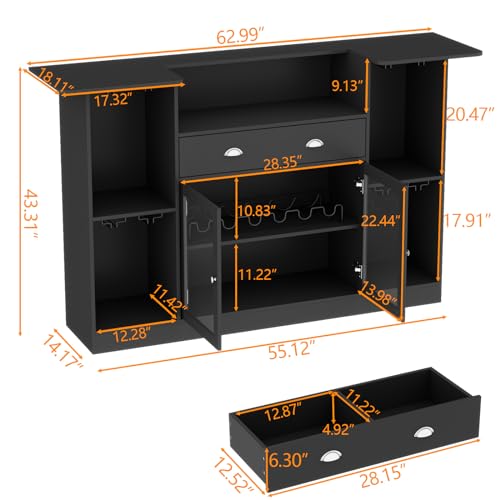 Loomie Bar Table Cabinet with LED & Drawer, Mini Liquor Bar with 8-Tier Storage & Stemware Holder, Wine Alcohol Bar Stand with Glass Door & Adjustable Wine Rack, Crescent Shaped Counter for Home Pub