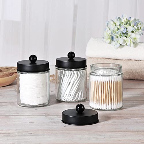 3 Pack Apothecary Jar Canisters Bathroom Vanity Organizer - Qtip Holder Storage Organizer Set Countertop Canister With Stainless Steel Lids &Cute Stickers For Qtips,Cotton Swabs,Makeup Sponges,Floss (Black) #TOP5