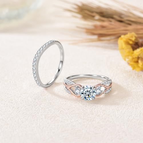 1-3/5 Carats Three Stone Moissanite Wedding Rings Sets, 18K Gold Platinum Plated Two Tone Engagement Ring Sets 925 Sterling Silver Stackable Bridal Ring Sets for Her Women Gift for Anniversary Wedding4