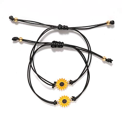 Sunflower Bracelet,QXY Handmade Sunflower Boho Bracelet Friendship Jewelry for Women Girl 2 Set