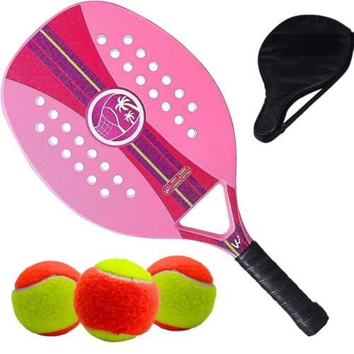 Raquete Para Beach Tennis Profissional em Fibra Carbono Com Capa Protetora + 3 Bolinhas de Beach Tennis Para Iniciantes e Profissionais (Rosa)