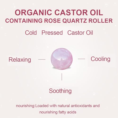 Image of Organic Castor Oil with Rose Quartz Roller Ball, 100% Castor Oil Organic Cold Pressed for Hair, Face & Body Skin Moisturizing Care, Hexane-Free. 1.7 Fl Oz