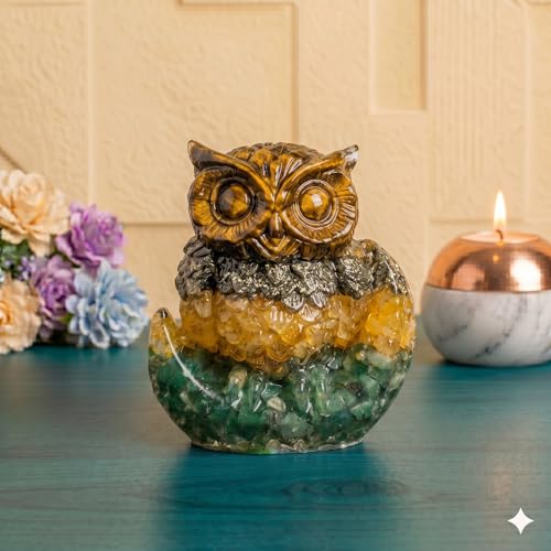 Image of Money Magnet Owl with Moon Base (Maa Laxmi Ji Vahan) with 4 Money Attraction Crystals for Wealth & Protection | Vastu Feng Shui Owl for Money Attraction & Good Luck | Home Decor Gift