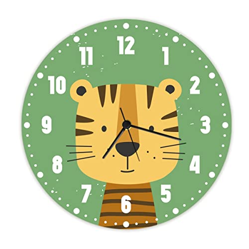 GRAVURZEILE Wanduhr Kinder Tiger Motiv - Lautlose Kinderwanduhr geeignet für Mädchen & Jungen - Bunte Lernuhr für Kinder 30 cm - Einfaches Ablesen der Uhrzeit Lernen - Farbenfrohes Tiger Design
