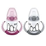 NUK First Choice+ Learner Cup Sippy Cup | 6-18 Months | 150 ml | Anti-Colic Vent | Leak-Proof Silicone Spout | BPA-Free | 2 Count | Monochrome Animals (Pink and Grey)