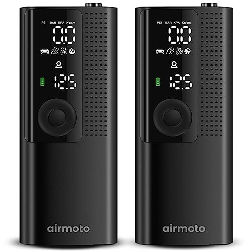 Airmoto Tire Inflator Portable Air Compressor - Air Pump For Car Tires with Digital Pressure Gauge, LED Light and Auto Shut-Off Function - Cordless Pump for Car, Motorcycle, Bicycle, Ball (Pack of 2) 2-Pack