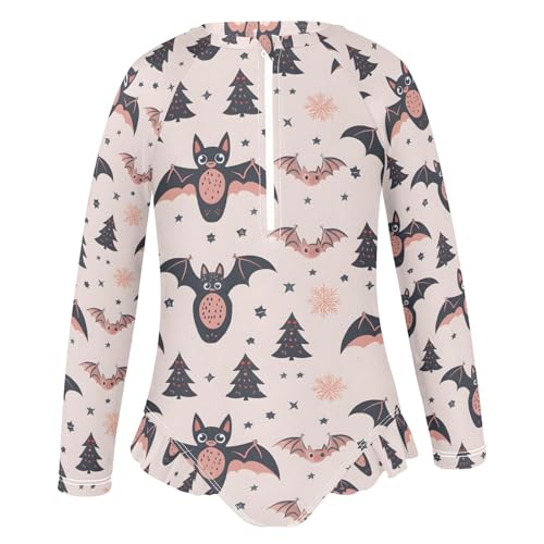 ALAZA Black Bat Star Pine Tree Christmas Girls One Piece Swimsuit Long Sleeve Rash Guard Swimsuits UV 50+ Swimwear Zipper2