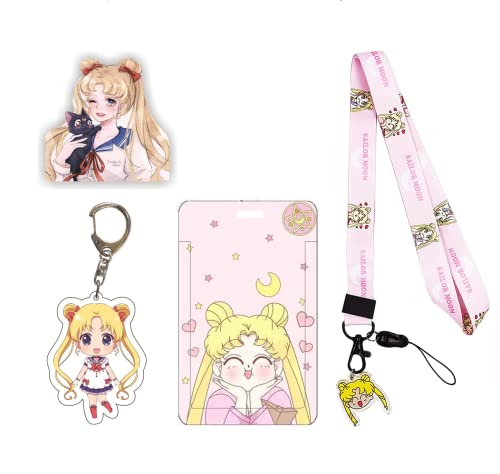 Demon Slayer Anime Lanyard for Keys ID Badge Holder Keychain Anime Demon Slayer Card Holder for Women Men Girls Teens Gifts Set (Pink)