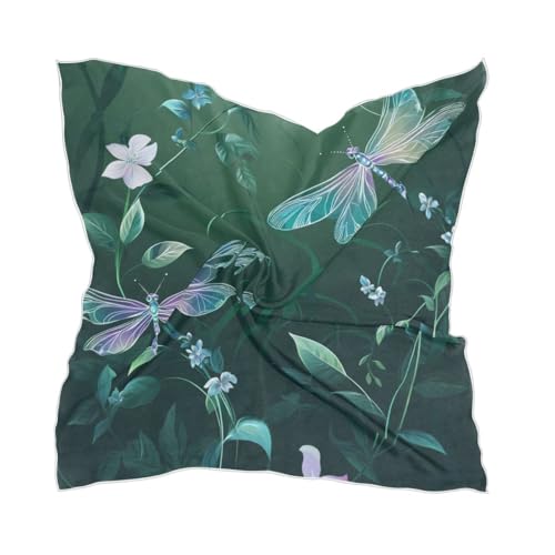 Women's Square Silk Hair Scarves and Wraps Headscarf Iridescent Dragonflies Head Neck Scarf Bandana 24inch