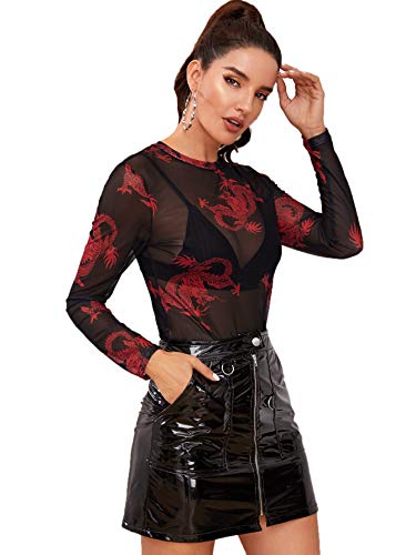 SweatyRocks Women's Long Sleeve Mock Neck Dragon Print Sexy Sheer Mesh Crop Top Red-Dragon L