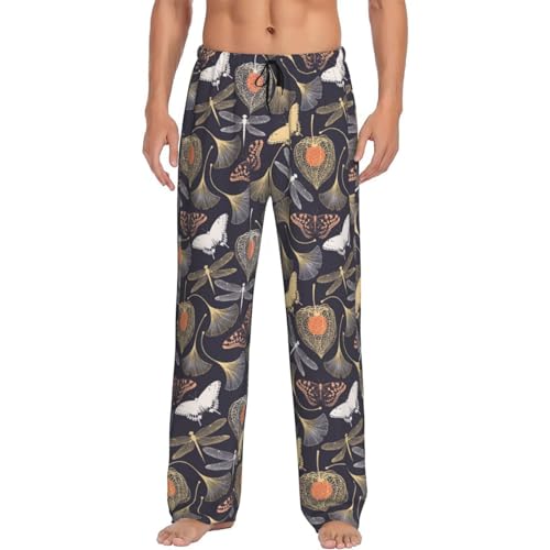 Pajama Pants Men - Leafy Dragonfly Butterfly Men's Pajama Bottoms, Mens Cotton Pajama Pants