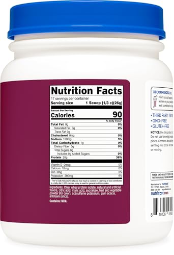 Image of Nutricost Clear Whey Protein Isolate Powder (Electric Grape) 1 LB - 20g Protein Per Serving, Zero Added Sugar, Easy-Mix WPI Drink, Gluten-Free, GMO-Free, 17 Servings