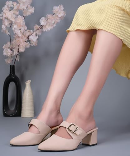 Image of JM LOOKS Sophisticated Buckle Strap Pointed Toe Mules with Contemporary Block Heel for Versatile Fashion Styling