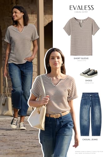 EVALESS Womens Dressy Casual Cap Short Sleeve Tops Trendy Summer V Neck Loose Striped Casual Basic T Shirts Tee Blouses4