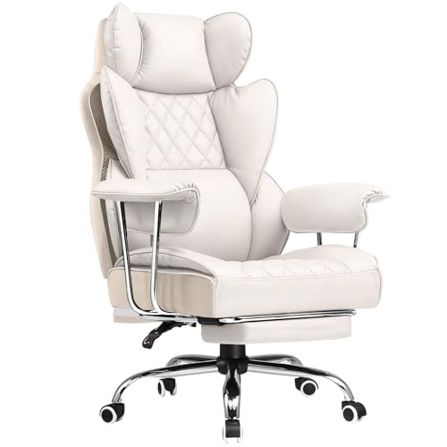 COMHOMA Big and Tall Office Chair, High Back Leather Gaming Chair with Footrest, Executive Ergonomic Office Chairs with Pocket Spring Lumbar Support and with Outward Fixed Soft Armrests