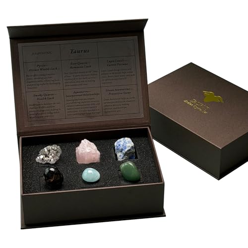 Juniful Unic Taurus Zodiac Energy Set-6 Grounding Crystals for Stability & Wealth & Love Gift for Women & Zodiac Lovers Pyrite Rose Quartz + 4 More in Luxury Box