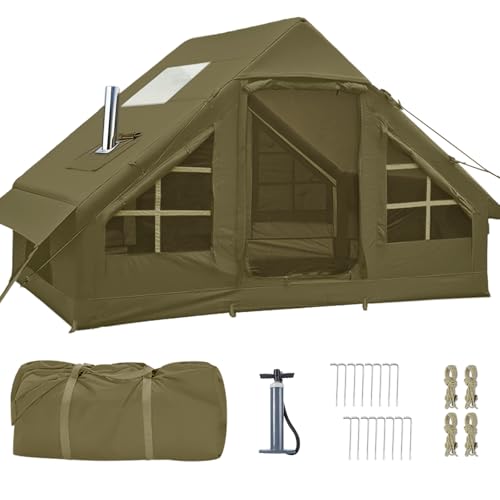 Inflatable Tents for Camping, 4-6 Person Easy Blow Up Tent with Hand Pump,4 Seasons Waterproof Air Inflatable Camping Tent,Hot Tent with Skylight and Stove Jack for Family Camping,Green