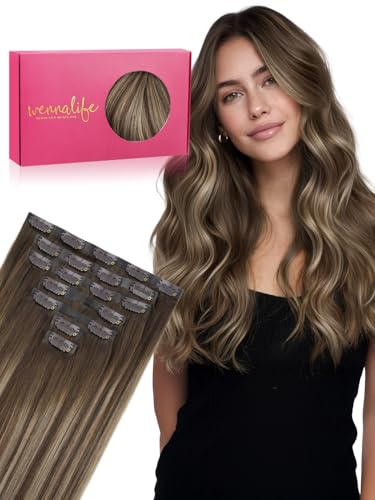 WENNALIFE Seamless Clip in Hair Extensions Real Human Hair, 24 Inch 140g Balayage Chocolate Brown to Honey Blonde Invisible PU Skin Weft, Natural Thick Real Hair Clip Ins for Women, Soft Remy Hair