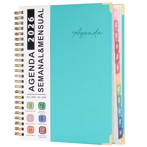 Agenda 2026(Ene.-Dic.), Planificador Español Semanal y Mensual Con Pestañas de Colores | Espiral | Para Oficina Universidad Hogar Gym
