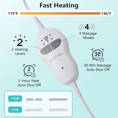 CAROMIO Massaging Heating Pad for Back Pain Relief, Neck and Shoulders Electric Heating Pads Large Size, Full Body Back Heat Pad with Auto Shut Off, 3 Heating Levels & 3 Massage Modes (Grey, 35"x24")
