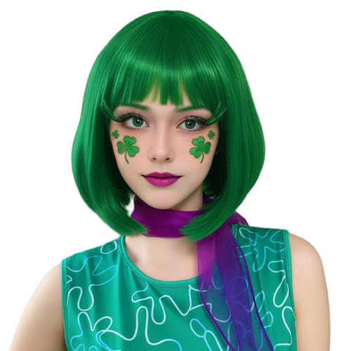 Image of Rose bud Forest Green Bob Wig with Fringe 12 Inch Short Straight Costume Wigs for Women Cosplay Party Halloween