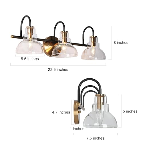 Image of KSANA Black and Brass Vanity Light, Modern Clear Glass Bathroom Light Fixture, Black Gold 3-Light Wall Lighting Over Mirror