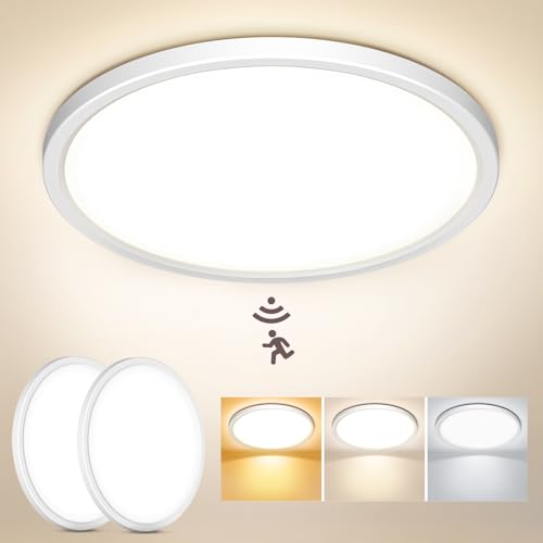 NIBSHOOM Plafón LED Techo con Sensor de Movimiento, 3000K/4000K/6500K 18W IP44 Impermeable Lampara Techo, Lampara Luz LED Techo Balcón Cochera Pasillo Sótano Sala, Ø22cm, 2piezas