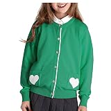 Kid Nation Girls Cardigan 100% Cotton Cute Sweaters for Toddler Teen,Heart Pockets Crew Neck Long Sl