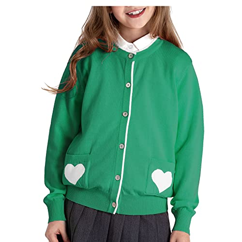 Kid Nation Girls Cardigan 100% Cotton Cute Sweaters For Toddler Teen,Heart Pockets Crew Neck Long Sleeves,Green 11-12 Years #TOP13