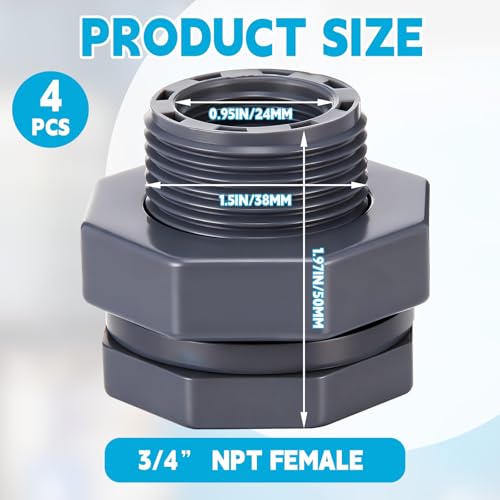 Image of 4 Pcs 3 /4 Inch Bulkhead Fitting PVC Npt Tank Connector