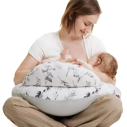 momcozy Coussin d'allaitement avec bordure de sécurité – Coussin ergonomique pour l'allaitement et le maintien avec sangle réglable et housse en coton amovible, feuilles en encre pâle