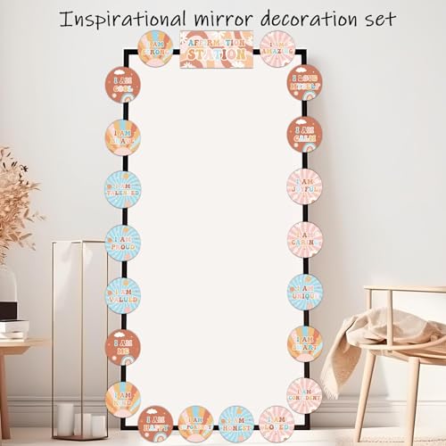 Image of Naozinebi Hippie Affirmation Station Bulletin Board Set Groovy Positive Bulletin Board for Classroom Mirror Growth Mindset Decors Inspirational Motivational Accent Cutout for Home School Wall Supply