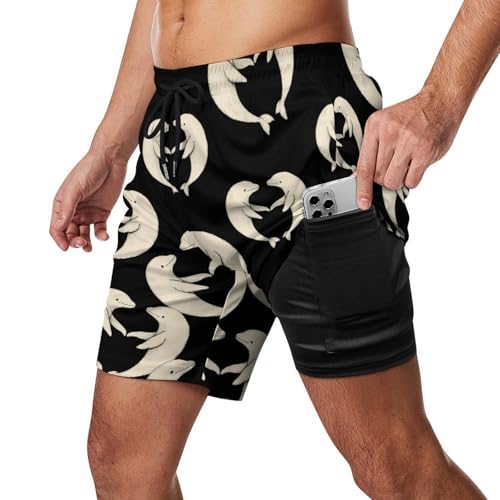 Beluga Whales Love Heart Beach Shorts for Men Swim Trunks Quick Dry Swim Shorts with Compression Liner Pocket2