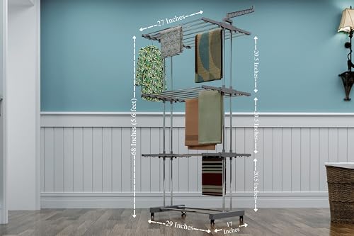 Image of Premium Stainless Steel Clothes Drying Stand | 3 Tier 2 Pole Foldable Laundry Rack with Wheels & Sock Holder | Heavy Duty Indoor & Outdoor for Balcony, Terrace & Home - Gray