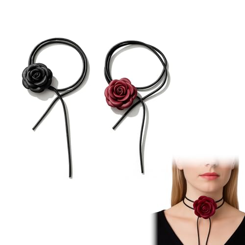EUYKQNOI Collier Fleur Rose Noir et Rouge - 2 Pièces Collier Ras de Cou Femme Élégant, Choker Dentelle Réglable pour Mariage, Fête, Saint-Valentin...