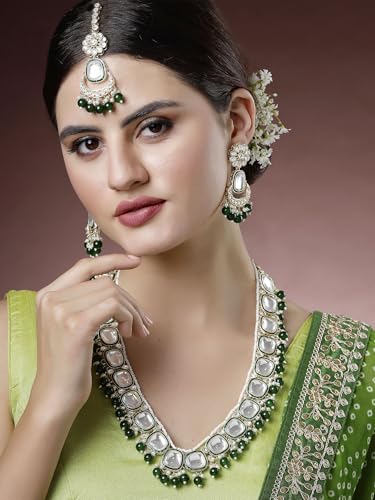 Image of Karatcart Gold Plated Green Crystal and Pearl Studded Kundan Rani-Haar Necklace Set for Women