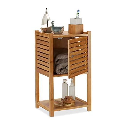 Relaxdays Cómoda baño, Tres estantes, Una Puerta, Mueble almacenaje Toallas, Bambú, 62,5 x 35 x 29 cm, 1 Ud. Marrón, 62.5x35x29 cm