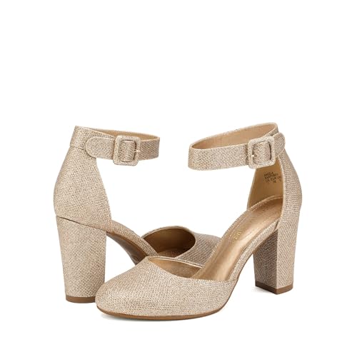 DREAM PAIRS DREAM PAIRS Women's High Heel Ankle Strap Closed Toe Chunky Wedding Party Pumps Shoes,Size 10,Gold/Glitter,Angela