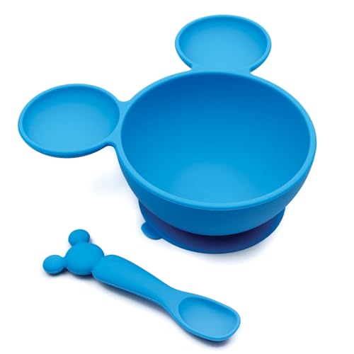 Bumkins Baby Bowls, Disney Mickey Mouse Silicone Baby Feeding Set, Suction Bowls for Baby and Toddler with Spoon, First Feeding Set, Platinum Silicone Bowl for Babies 4 Months