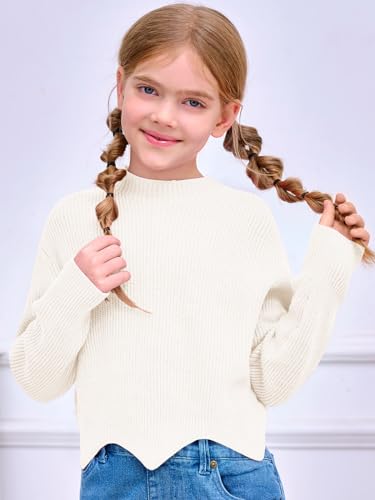 Image of Haloumoning Girls Mock Neck Sweaters Kids Fall Fashion Long Batwing Sleeve Rib Knit Pullover Clothes 5-14 Years
